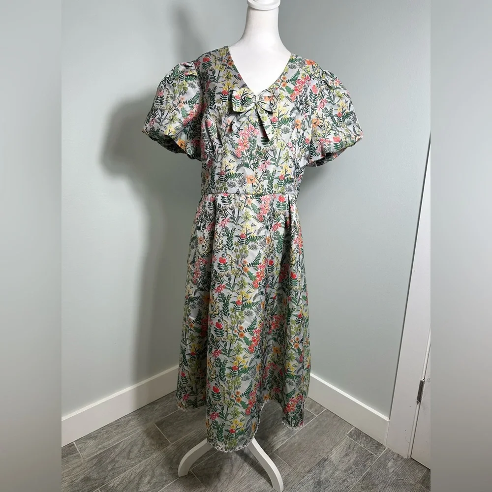 NEW Ivy City Co Avalon Floral Brocade Midii Puff Sleeve Bow Dress Sz 16 - Picture 3 of 17